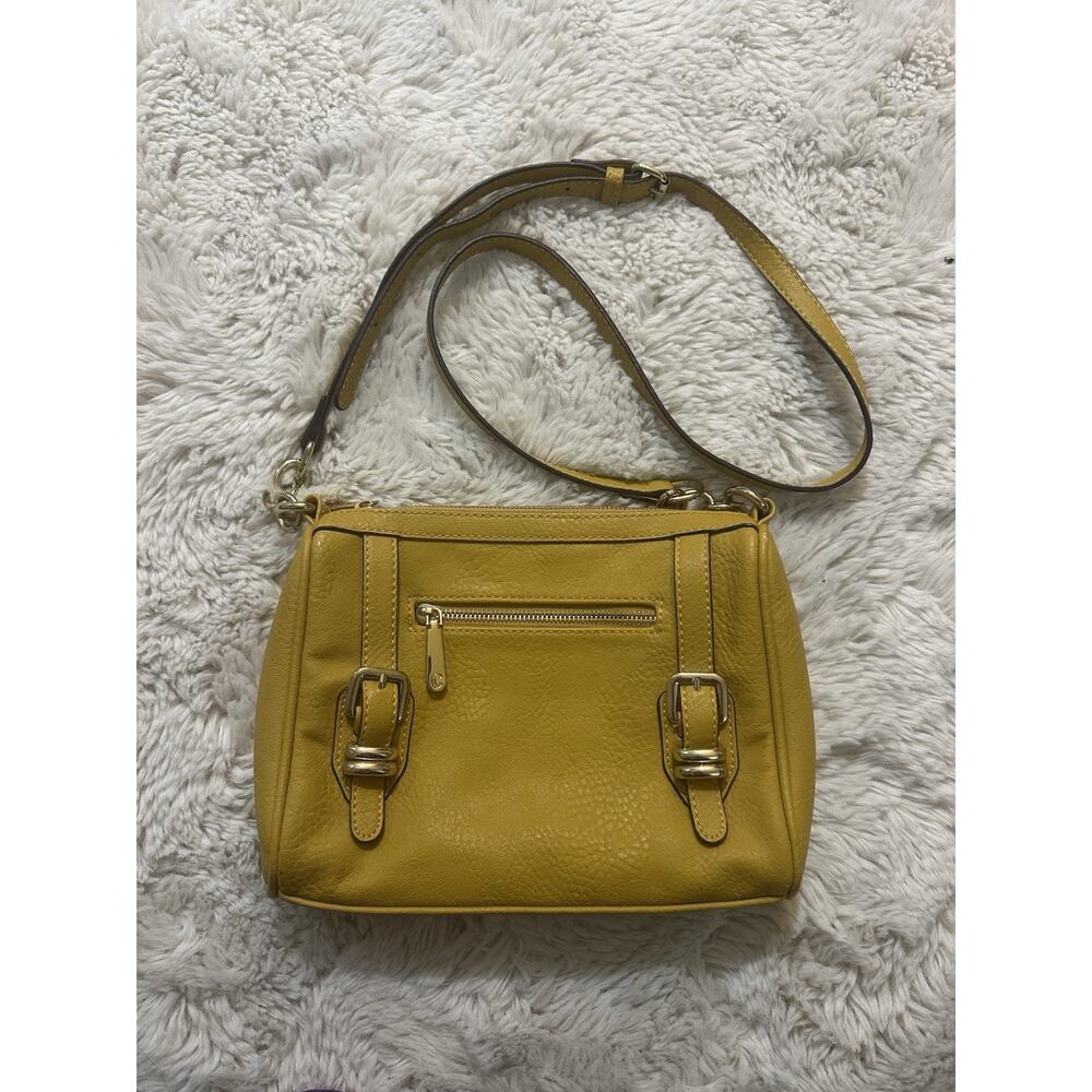 C Crossbody Bag Purse Mustard Yellow Faux Leather 10”x7” Gold Hardware
